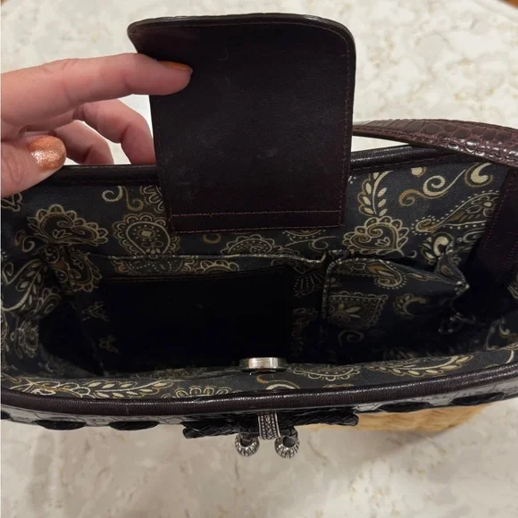 BRIGHTON Wicker Straw Purse Shoulder Bag Dark Brown Croc Leather Trim - Picture 8 of 11